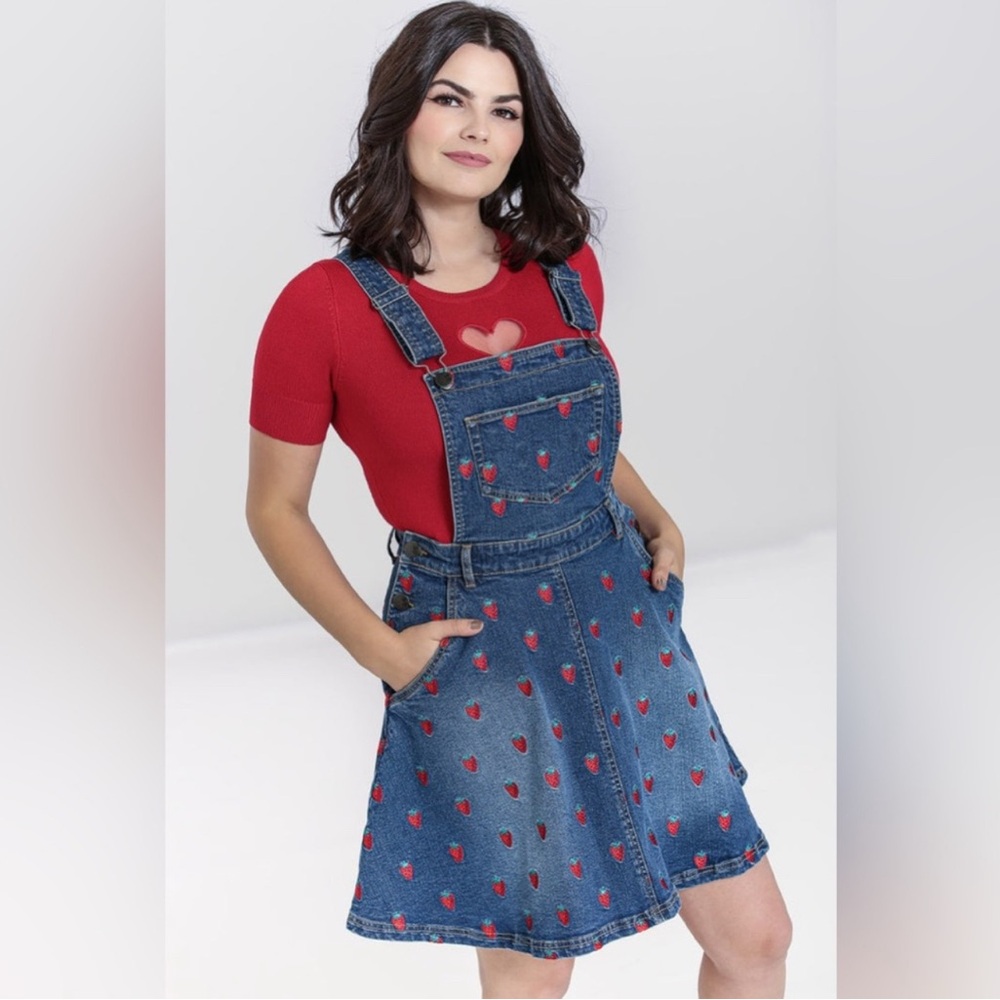 HELL BUNNY STRAWBERRY DENIM PINAFORE DRESS